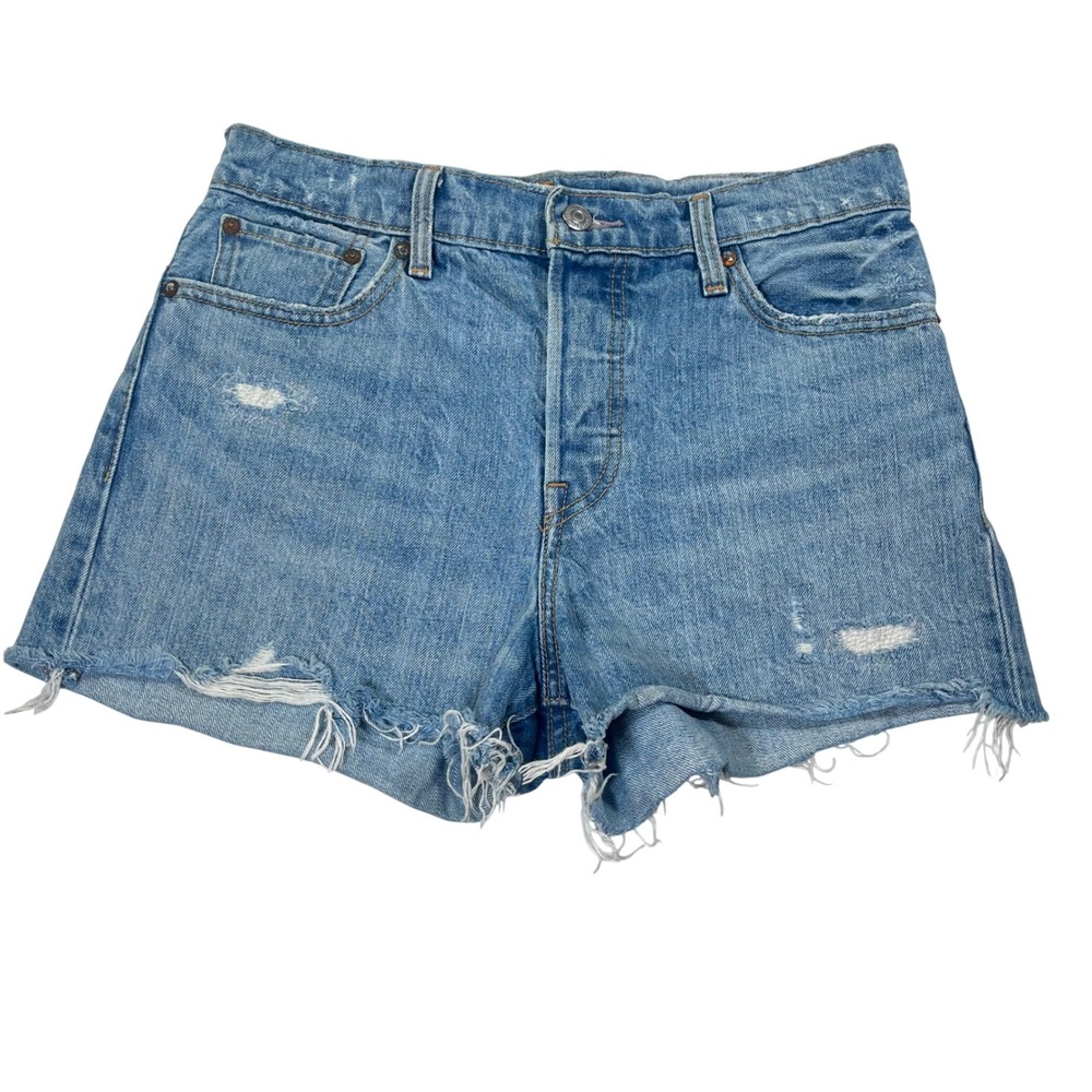 Levi's Denim Shorts BIG E Distressed Raw Hem High Rise Button Fly Boho VTG 29